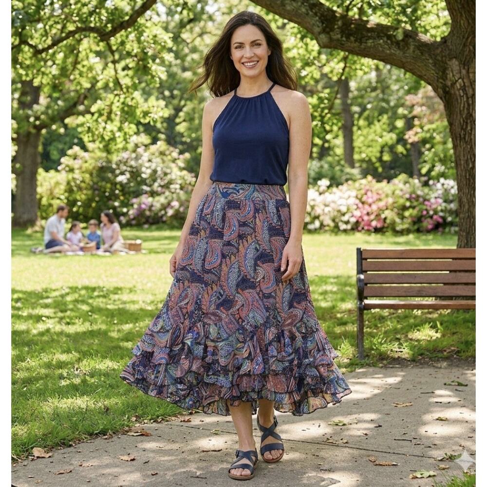 Lucky&Coco Paisley Ruffle Skirt Boho Elastic Waist Flowy Tier Peasant Tribal XL